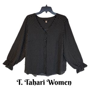 T. Tahari Womens Blouse Sz 1X Black White Polka Dot Full Front Button Semi Sheer